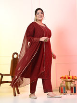 Plus Size Maroon Ceroski Kurta Set with Dupatta