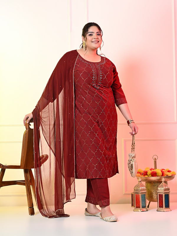 Plus Size Maroon Ceroski Kurta Set with Dupatta