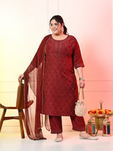 Plus Size Maroon Ceroski Kurta Set with Dupatta