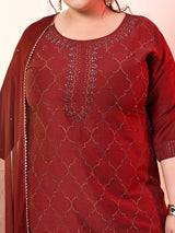 Plus Size Maroon Ceroski Kurta Set with Dupatta