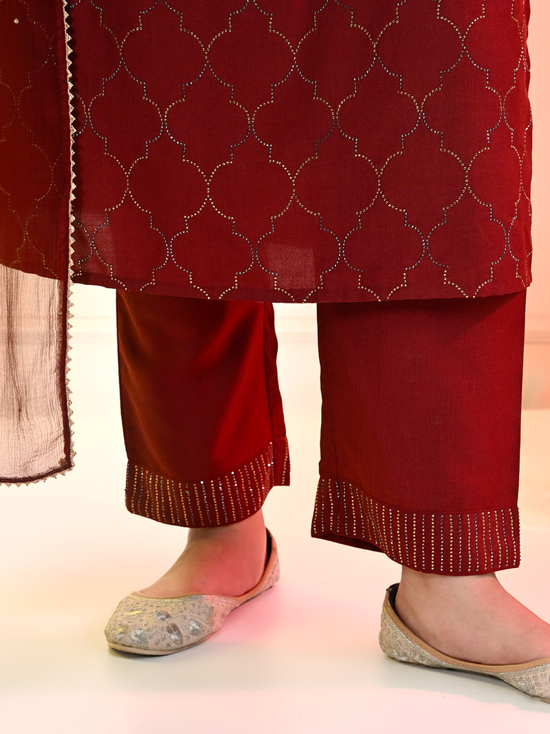 Plus Size Maroon Ceroski Kurta Set with Dupatta