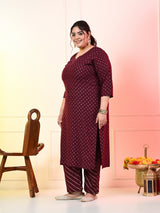 Plus Size Wine Gold Printed Kurta Set with Dupatta