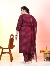 Plus Size Wine Gold Printed Kurta Set with Dupatta