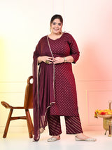 Plus Size Wine Gold Printed Kurta Set with Dupatta