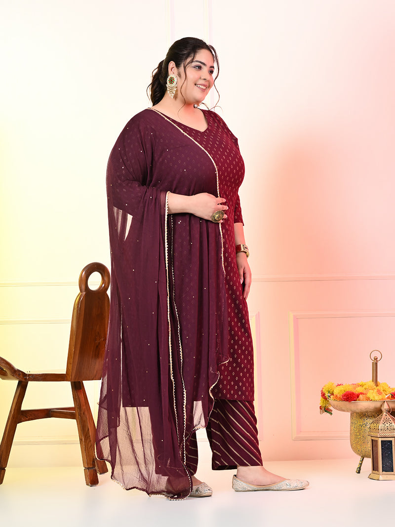 Plus Size Wine Gold Printed Kurta Set with Dupatta