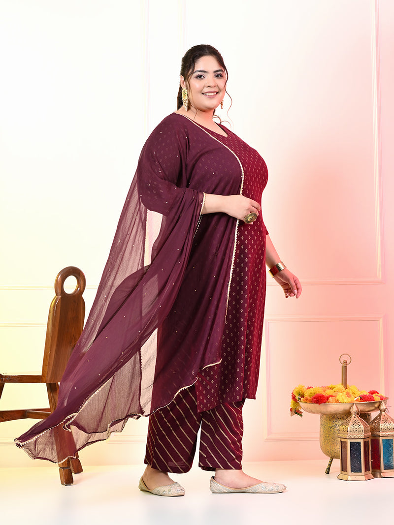 Plus Size Wine Gold Printed Kurta Set with Dupatta