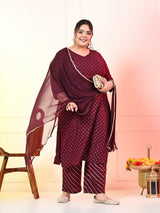 Plus Size Wine Gold Printed Kurta Set with Dupatta