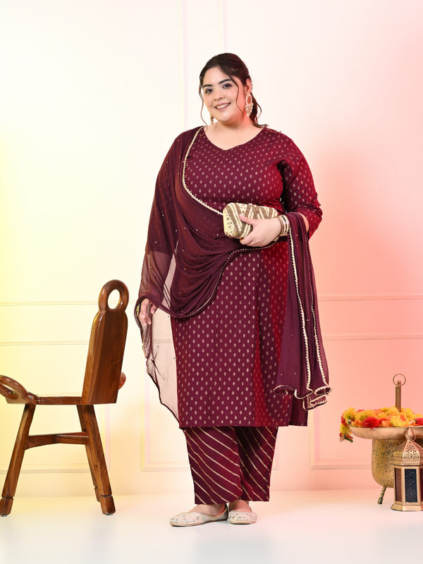 Plus Size Wine Gold Printed Kurta Set with Dupatta