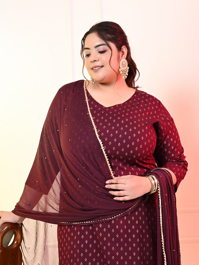 Plus Size Wine Gold Printed Kurta Set with Dupatta