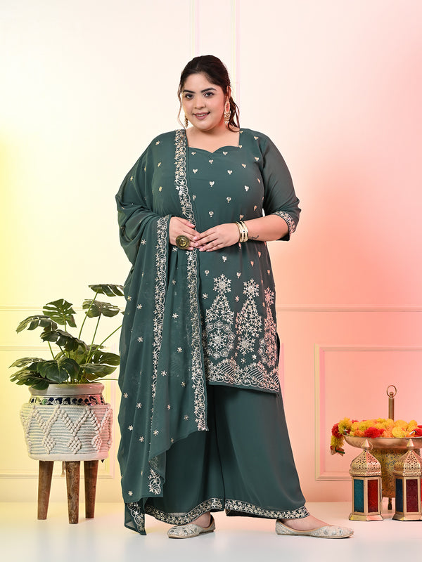 Plus Size Sea Green Embroidered Kurta Set with Dupatta