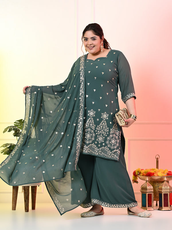 Plus Size Sea Green Embroidered Kurta Set with Dupatta