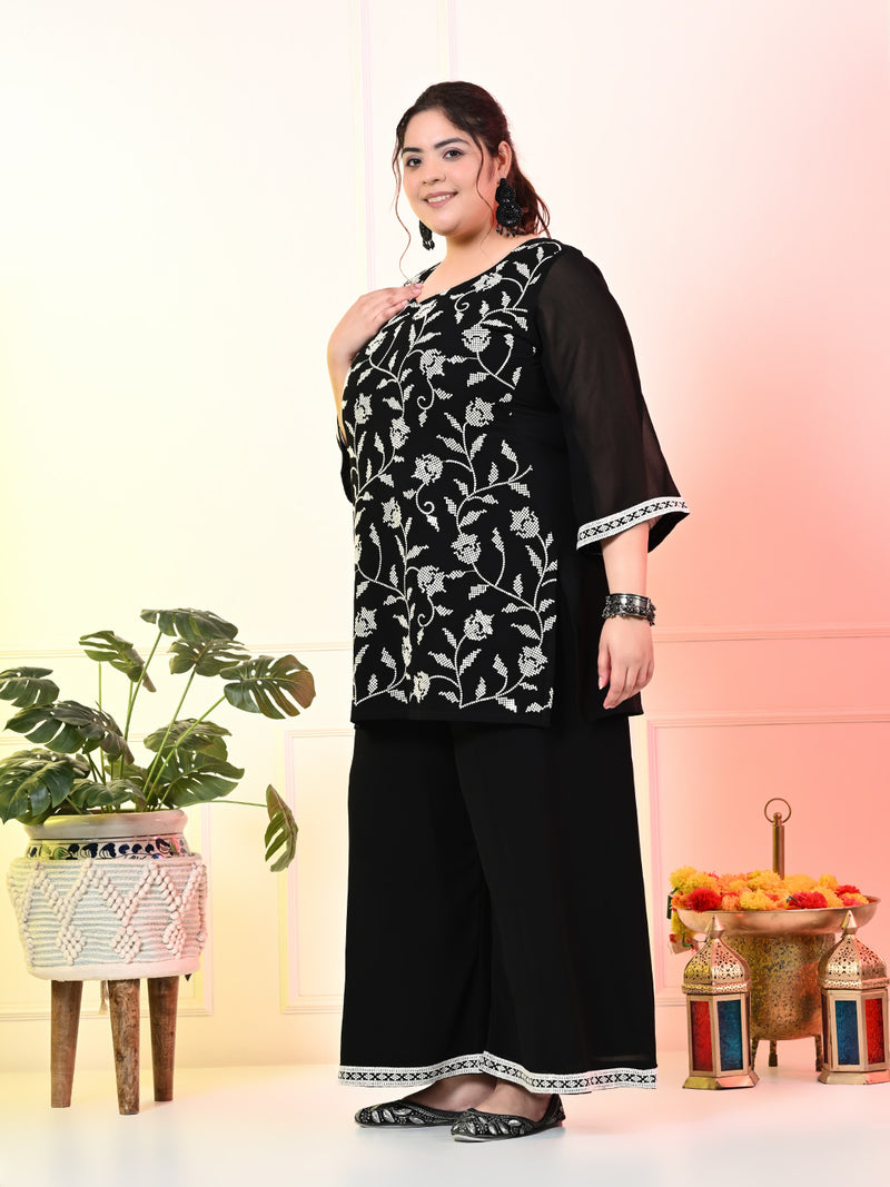 Plus Size Black Sequin Embroidered Kurta Set with Dupatta