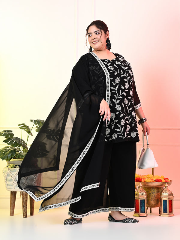 Plus Size Black Sequin Embroidered Kurta Set with Dupatta