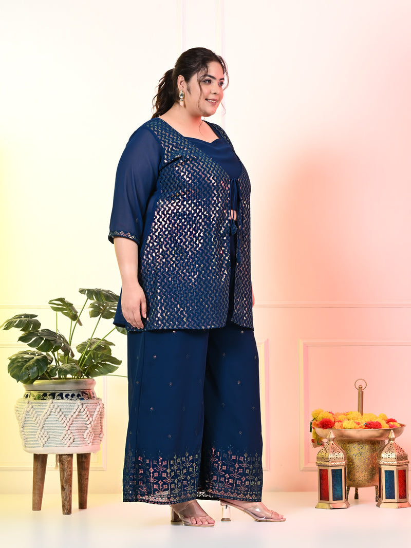 Plus Size Teal Blue Embellished Top and Palazzo Set with Cape (3 pc set)