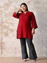Crimson Maroon Relaxed Fit Scalloped Rayon Kurta