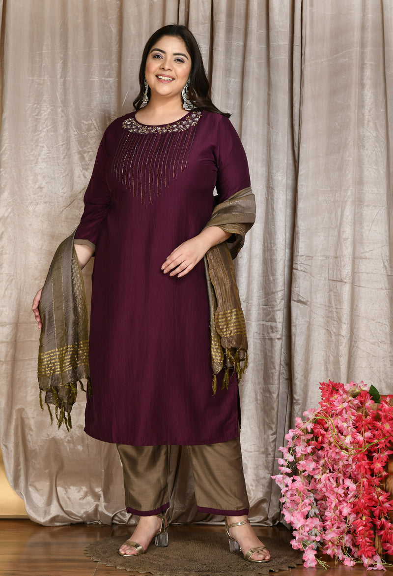 Plus Size Floral Embellished Wine Kurta Set