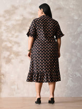 Midnight Petal Royale Cotton Dress with Soft Flare Silhouette