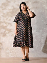 Midnight Petal Royale Cotton Dress with Soft Flare Silhouette