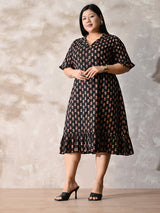 Midnight Petal Royale Cotton Dress with Soft Flare Silhouette