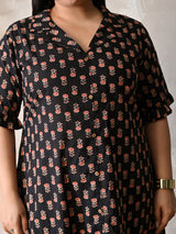 Midnight Petal Royale Cotton Dress with Soft Flare Silhouette