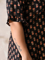 Midnight Petal Royale Cotton Dress with Soft Flare Silhouette