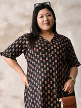 Midnight Petal Royale Cotton Dress with Soft Flare Silhouette