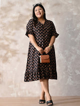 Midnight Petal Royale Cotton Dress with Soft Flare Silhouette