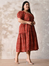 Rust Bloom Cotton Tiered Midi Dress