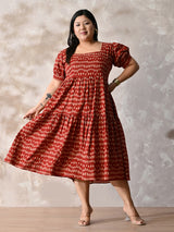 Rust Bloom Cotton Tiered Midi Dress