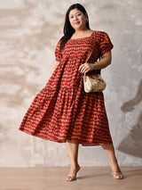 Rust Bloom Cotton Tiered Midi Dress
