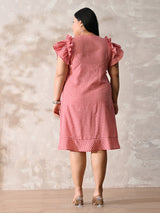 Red Gingham Ruffle Sleeve Cotton Dress
