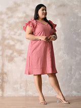 Red Gingham Ruffle Sleeve Cotton Dress