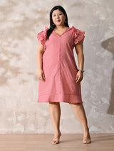 Red Gingham Ruffle Sleeve Cotton Dress