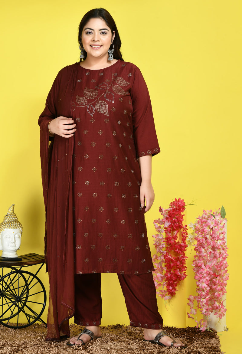 Plus Size Sparkling Maroon Kurta Set