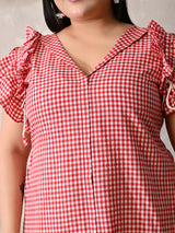 Red Gingham Ruffle Sleeve Cotton Dress