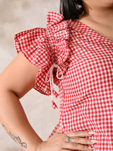 Red Gingham Ruffle Sleeve Cotton Dress