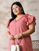 Red Gingham Ruffle Sleeve Cotton Dress