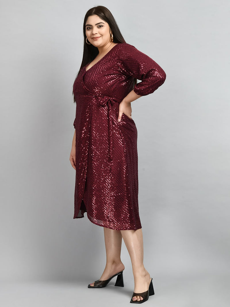 Plus Size Wine Sequence Wrap Dress