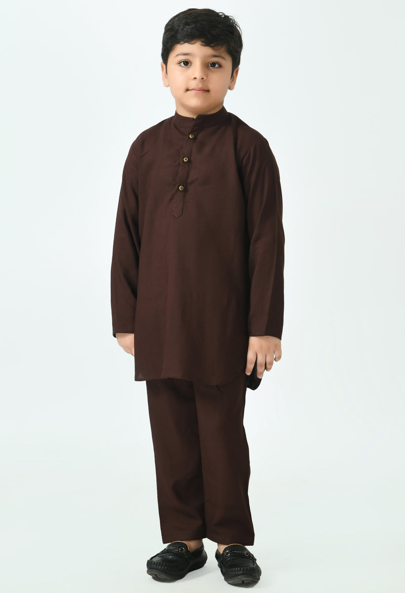 Boys Brown Kurta & Pyjamas with Nehru Jacket