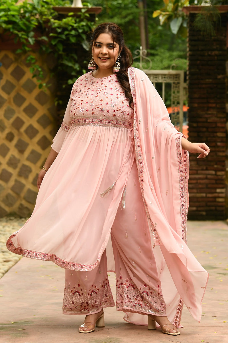 Plus Size Lovely Pink Embroidered Nyraa Kurta Set with Embroidered Dupatta