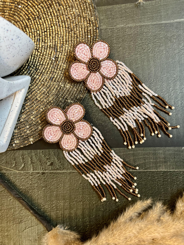 Pink and Copper Flower Beaded Earrings
