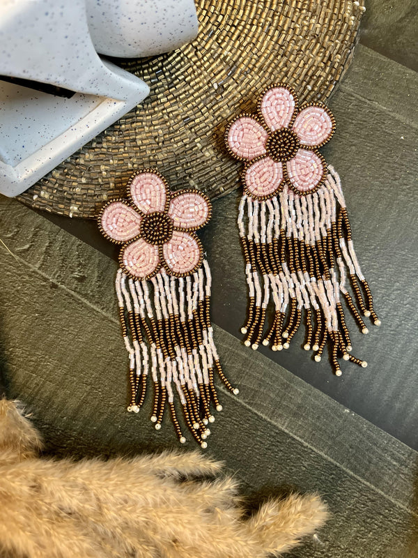Pink and Copper Flower Beaded Earrings