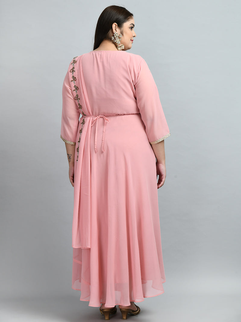 Baby Pink Embellished Drape Saree with Belt