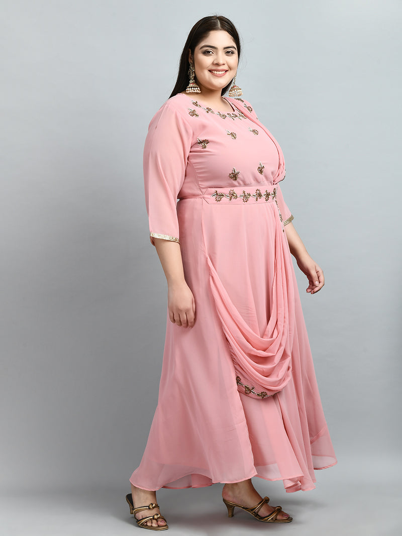 Baby Pink Embellished Drape Saree with Belt