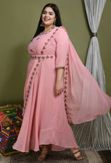 Baby Pink Embellished Drape Saree with Belt