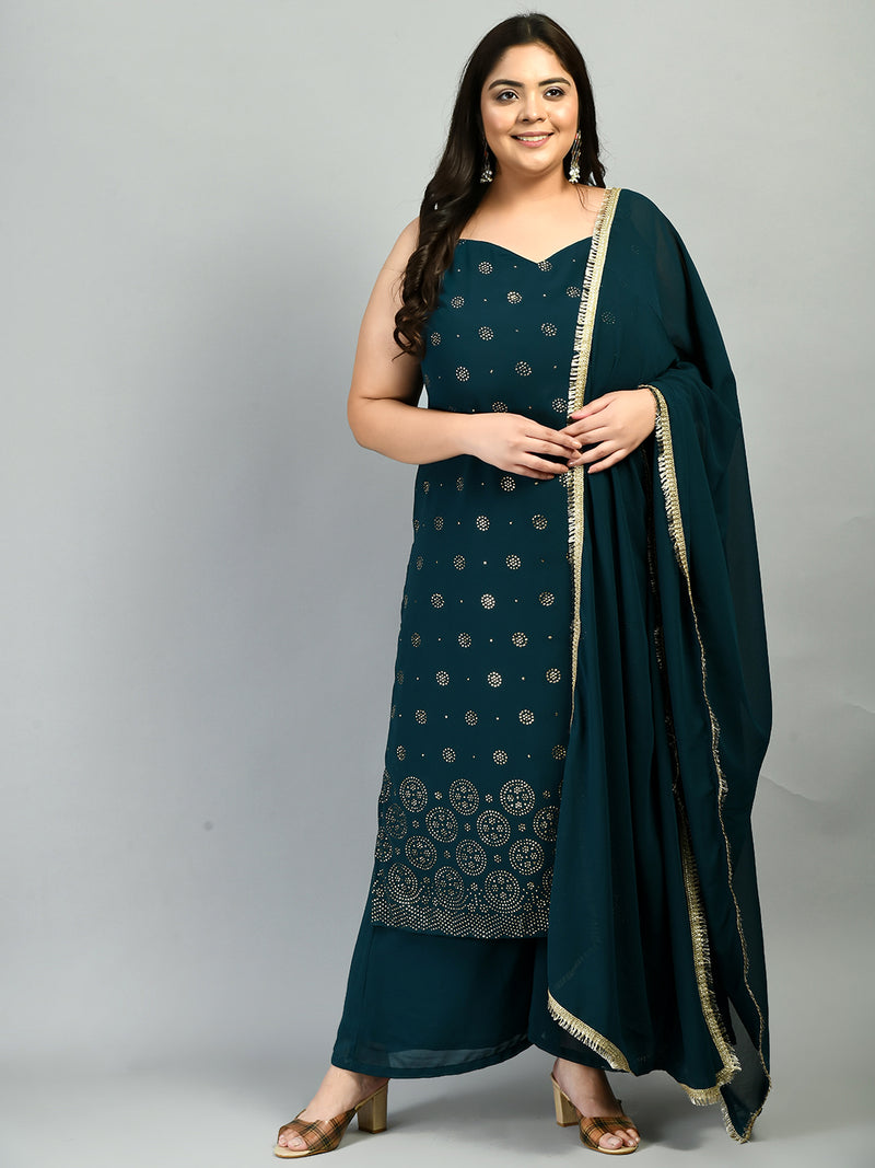 Plus Size Georgette Embellished Strap Teal Kurta Set