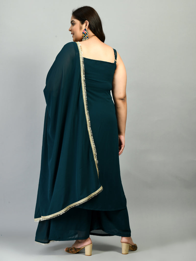 Plus Size Georgette Embellished Strap Teal Kurta Set