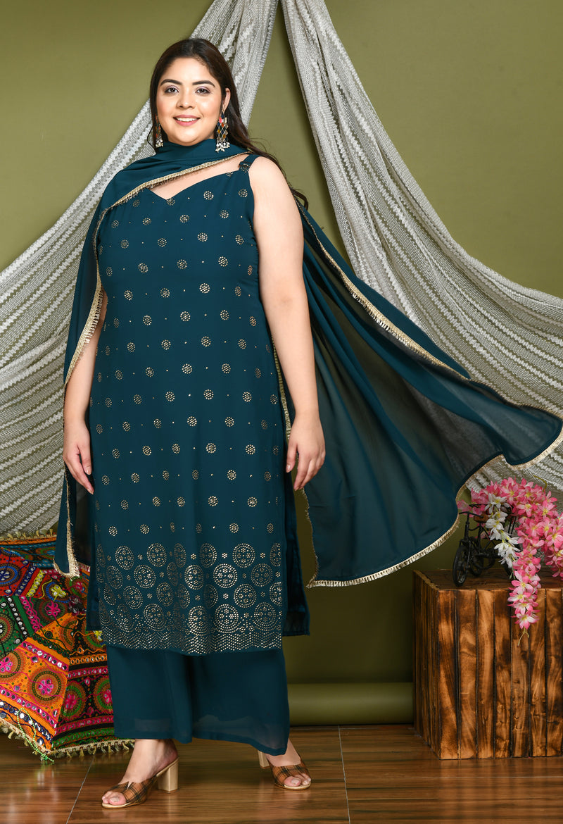 Plus Size Georgette Embellished Strap Teal Kurta Set