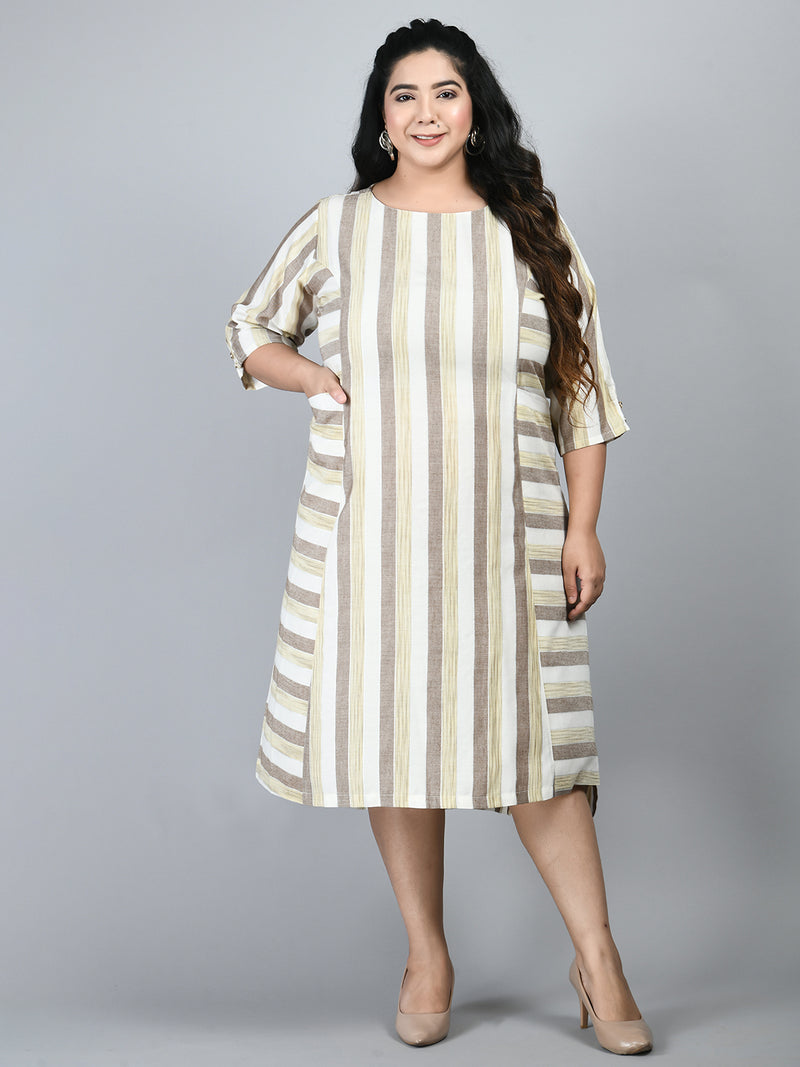 Plus Size Striped Beige Midi Dress