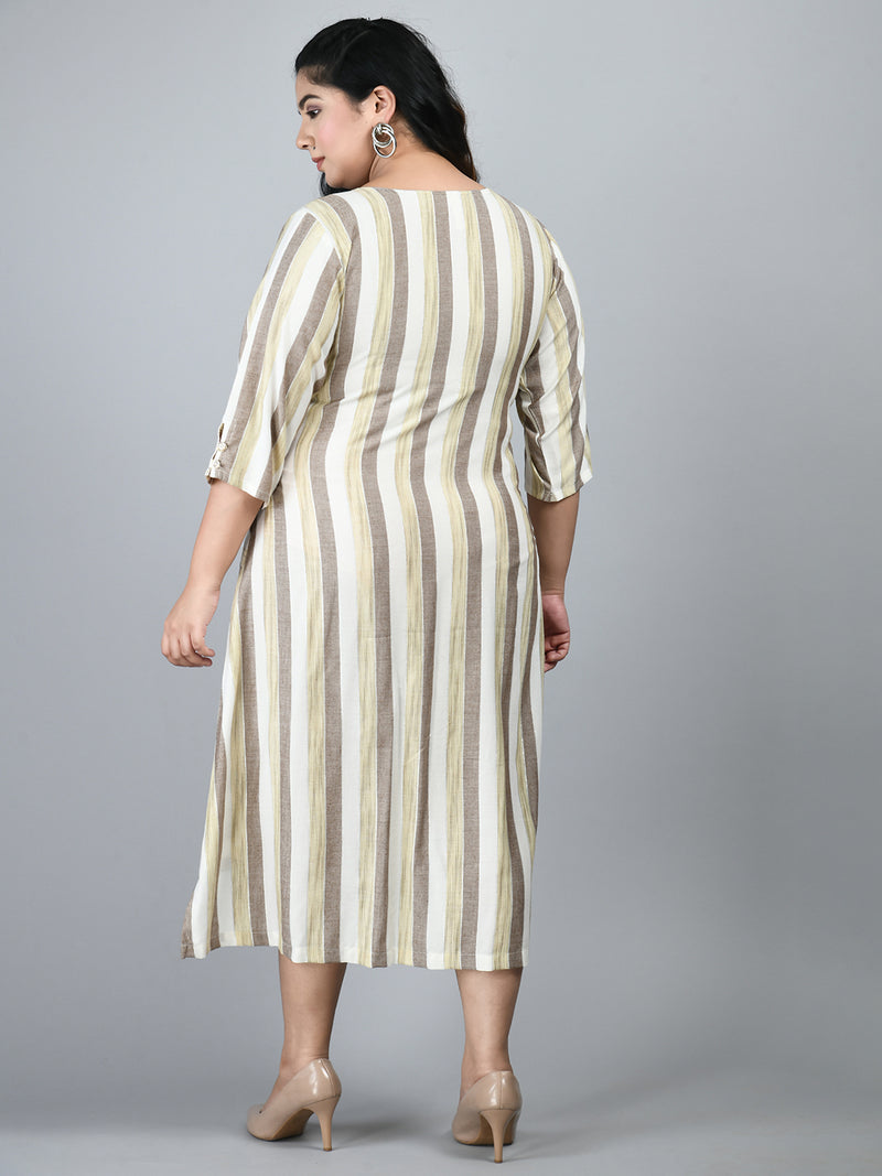 Plus Size Striped Beige Midi Dress